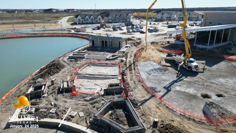 Aerial view showing the construction in the back of The Headquarters Amenity Complex, mainly focusing on the pools. Captured on January 24th, 2025.