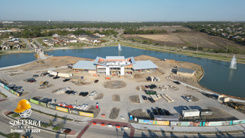 Aerial view of the consturction on the front side of The Headquarters Amenity Complex on October 11th, 2024.