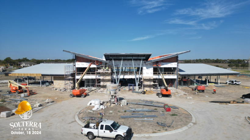 Aerial view showing the construction on the front of The Headquarters Amenity Complex. Captured on October 18th, 2024.