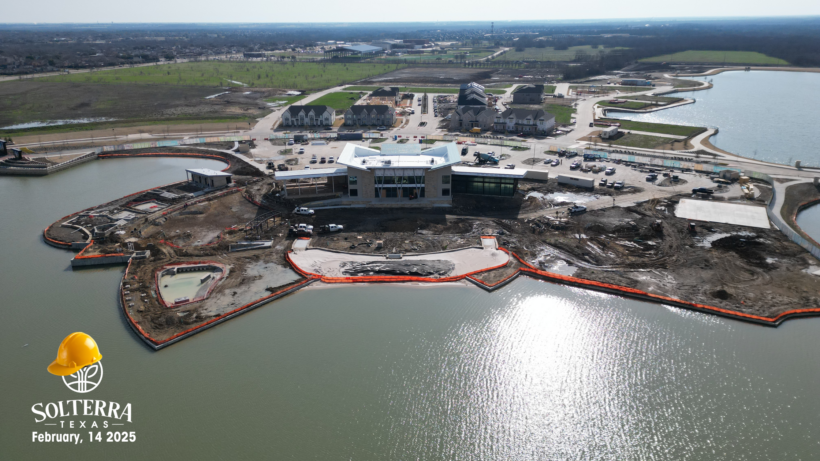 Aerial farther view of the construction in the back of The Headquarters Amenity Complex. Captured on February 14th, 2025.
