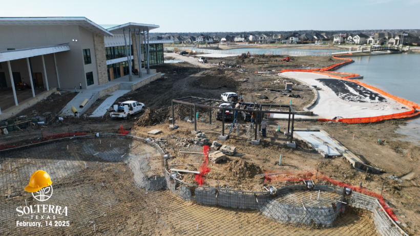 Aerial view showing the construction on the back side of The Headquarters Amenity Complex. Captured on February 14th, 2025.