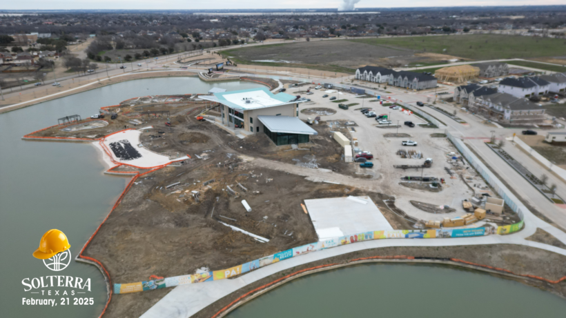 Aerial view of the construction on the back side of The Headquarters Amenity Complex. Captured on February 21st, 2025.
