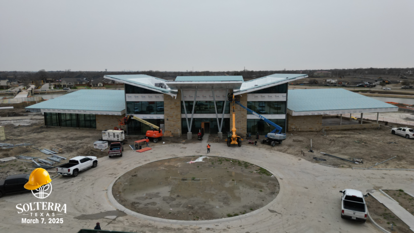 Aerial view showing the construction on the front of The Headquarters Amenity Complex. Captured on March 7th, 2025.