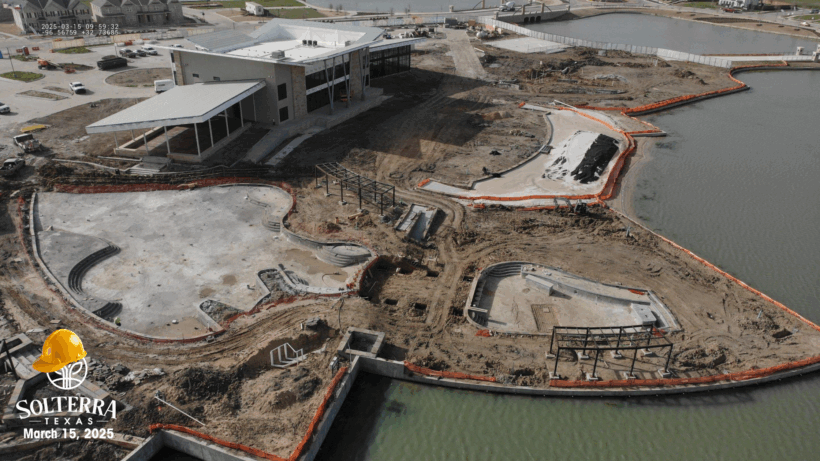Aerial view showing the pool side construction. Captured on March 15, 2025.