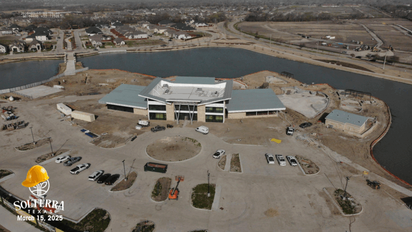 Aerial view showing the construction in front. Captured on March 15, 2025 