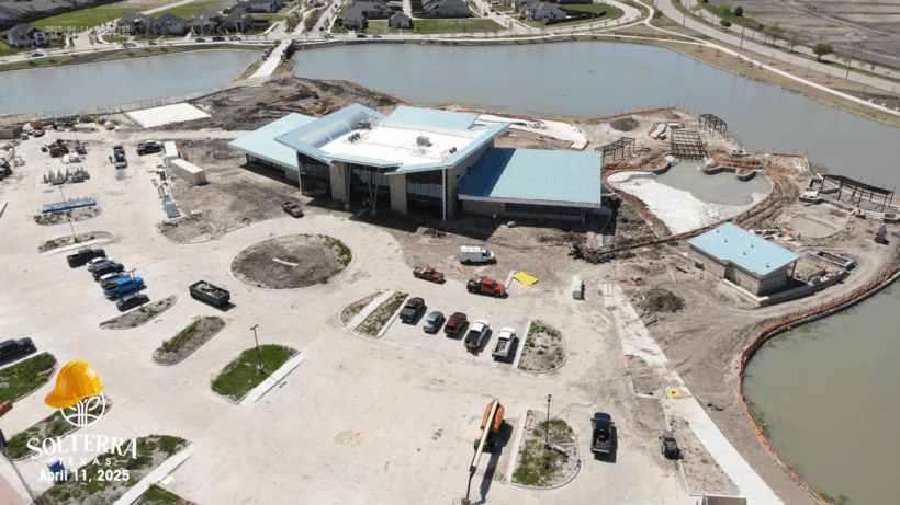 Aerial view showing the construction in the front. Captured on April 11, 2025. 