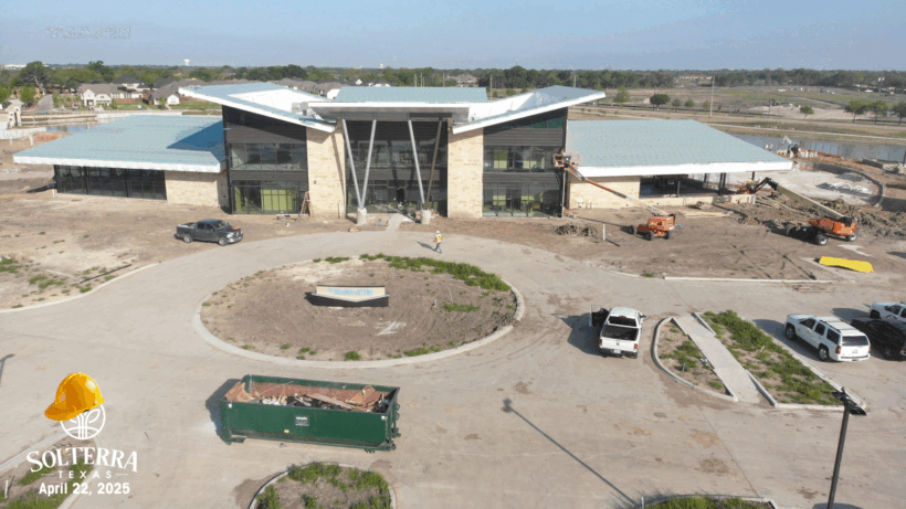 Aerial view showing the construction in the front. Captured on 4-22-25